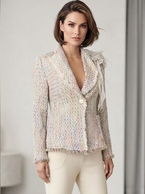 Vintage NWT Ann Carson Silk blend Pastel Tweed Fringe Blazer Removable Flower